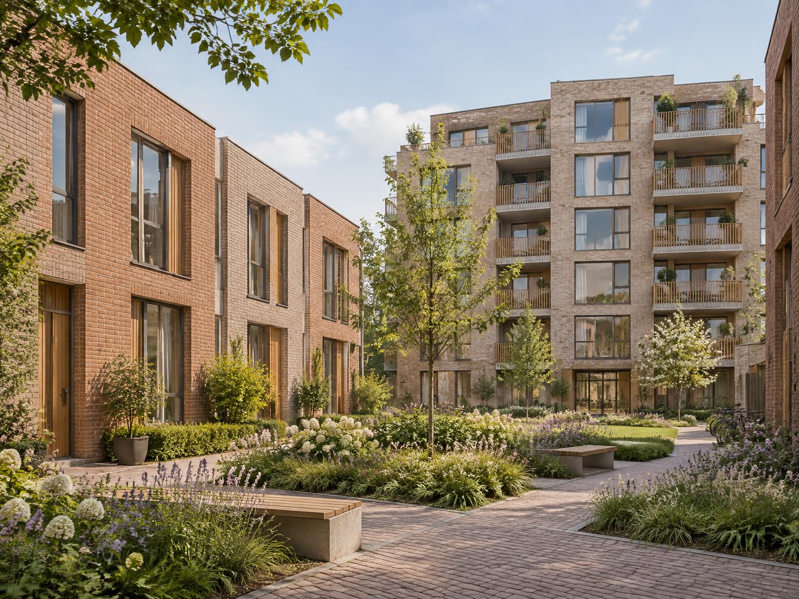 Nieuwbouwproject met stadswoningen en appartementen rond een groen binnenplein