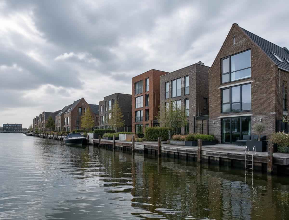 Nieuwe woningen aan het water met steigers in Purmerend
