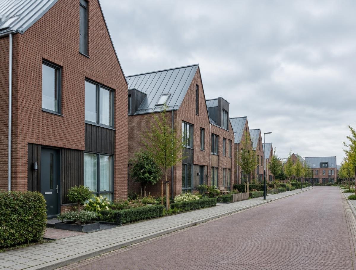 Nieuwe stadswoningen met metalen daken aan een rustige straat in Zaandam